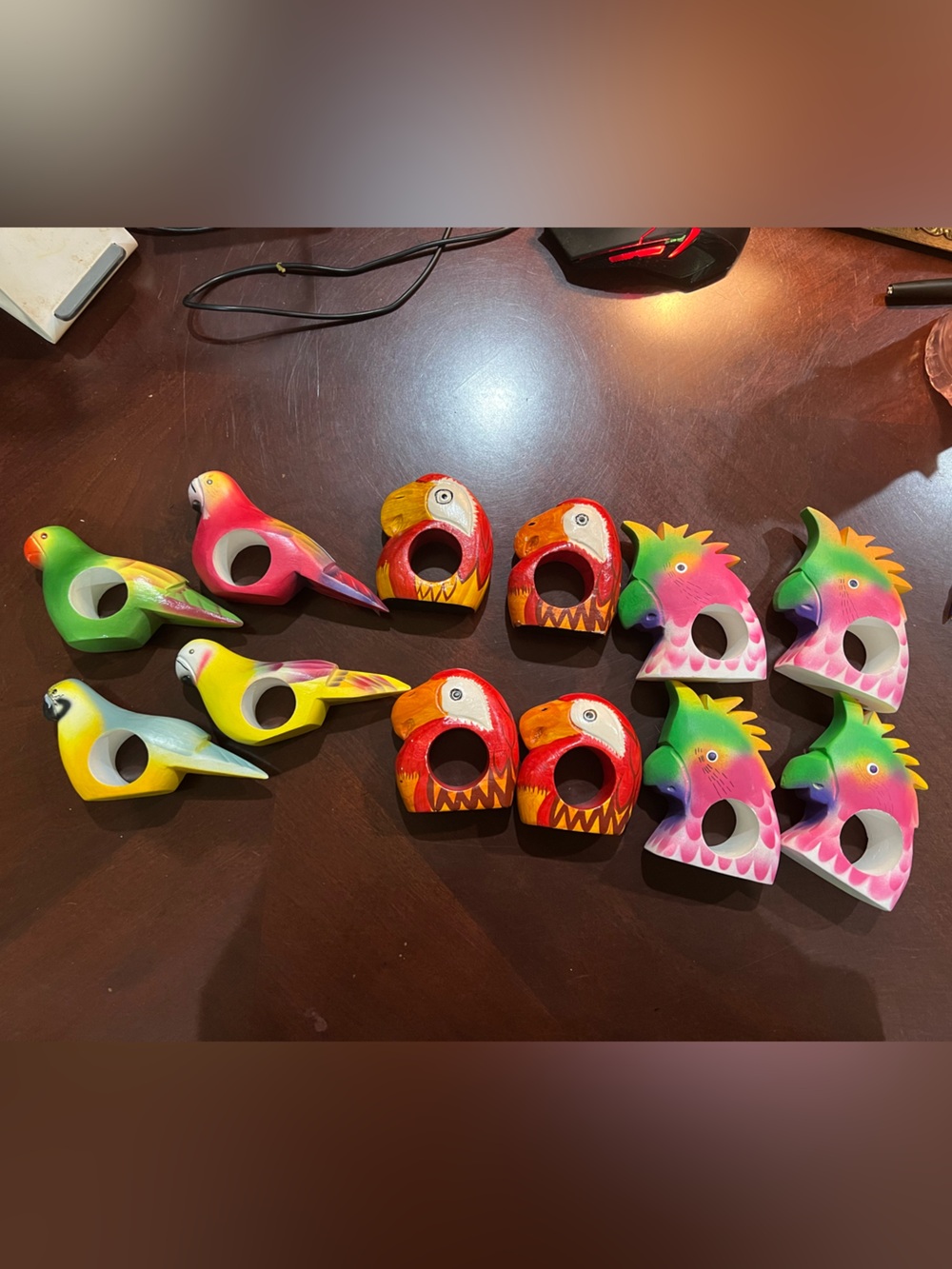 Wooden handpainted napkins rings, set of 12 exotic birds